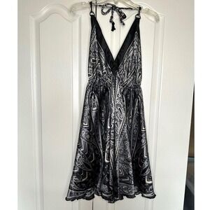 Black Paisley Halter Dress Low Back  Flowy V Neck Boho Y2K Festival Mini Dress